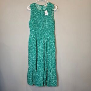 J Crew Dress Smocked Midi Womens Small Green NWT Floral Pockets Sleeveless